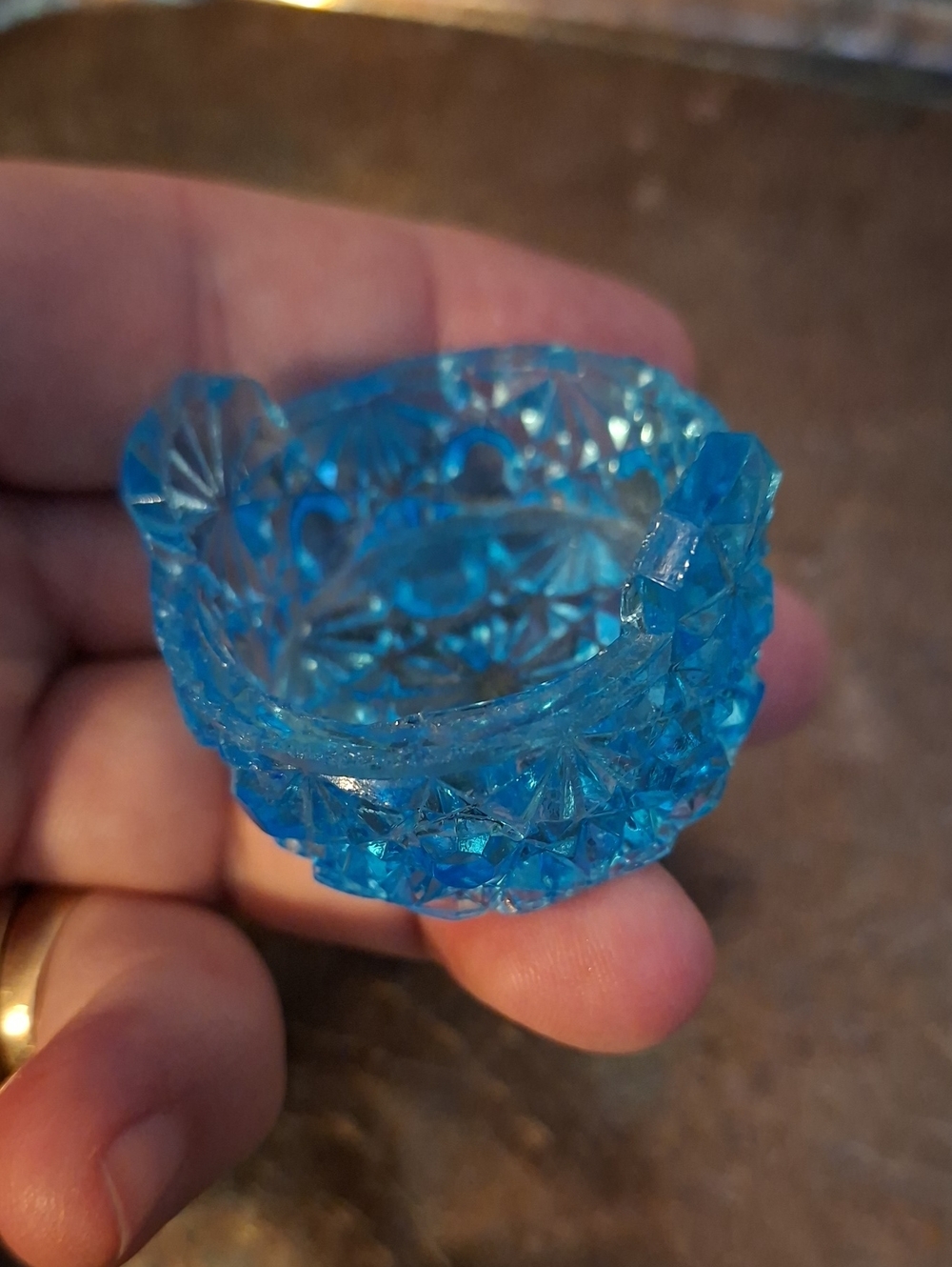 EAPG Blue Glass Geometric Patterned Salt Cellar
